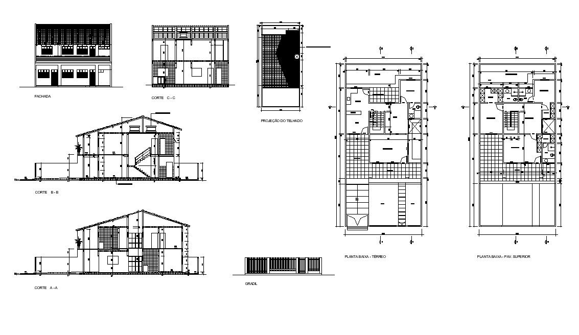 Plan, elevation and section of residential housing structure layout dwg file