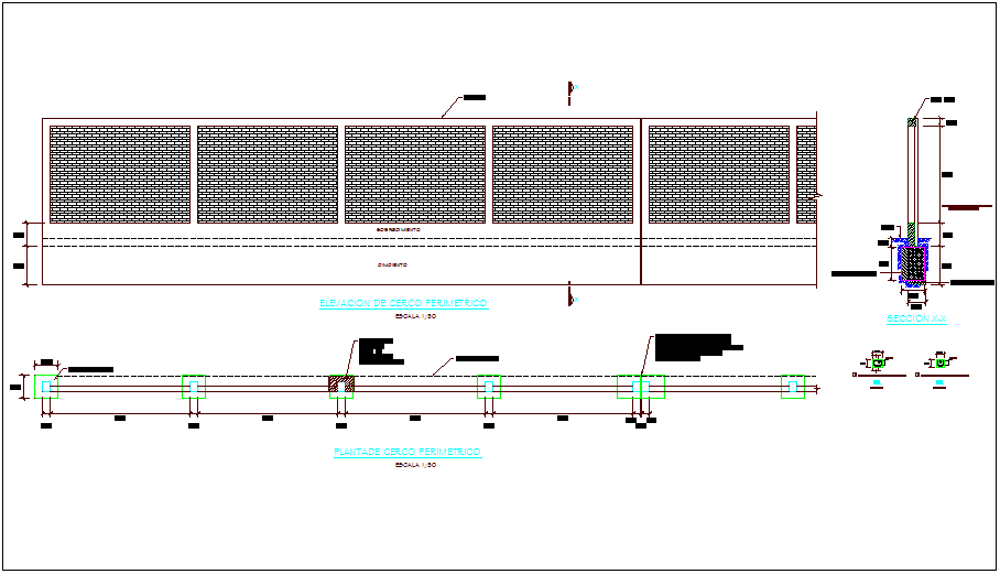 Plan,elevation and section view for construction of wall type fence dwg file