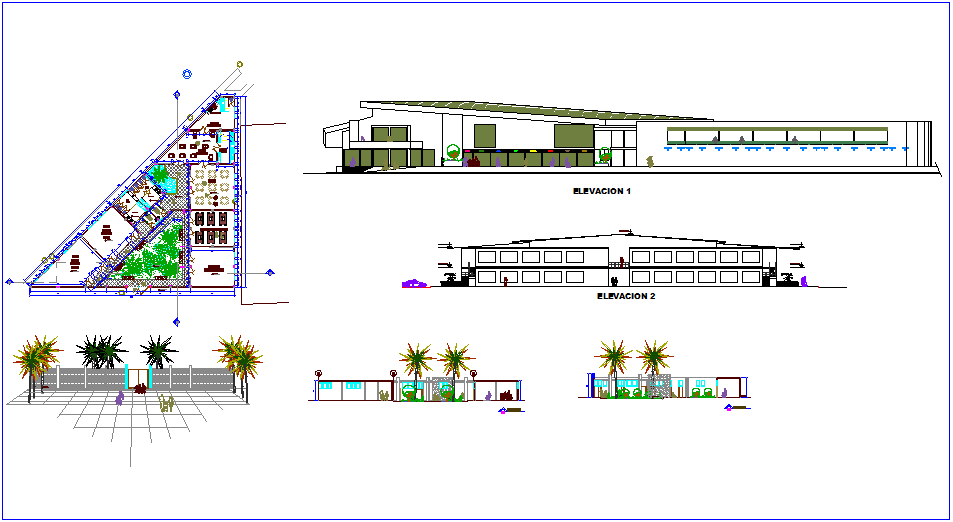 Plan,elevation and section view for education center of nursery dwg file