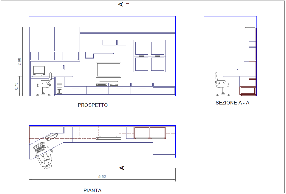 Plan,elevation and section view of interior view of office dwg file