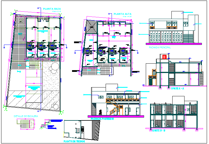Plan,elevation and section view of office building dwg file