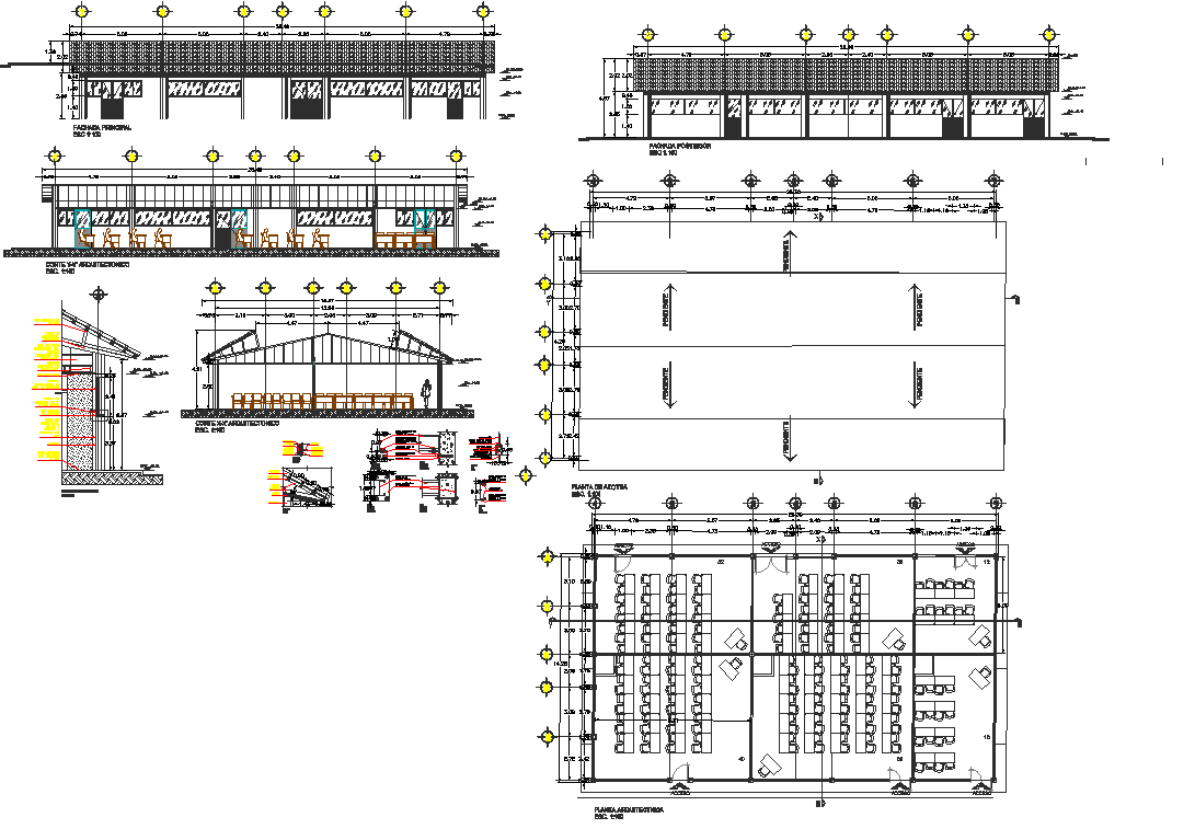 Plan,elevation and section view of school classroom view dwg file