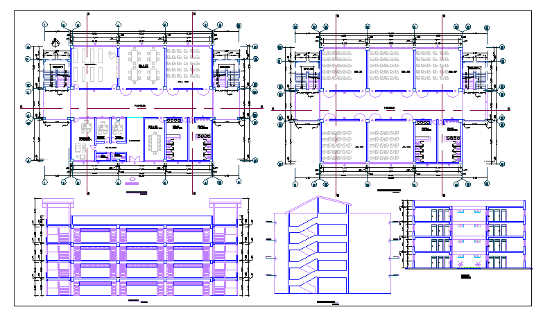 Plan,elevation and section view of school dwg file