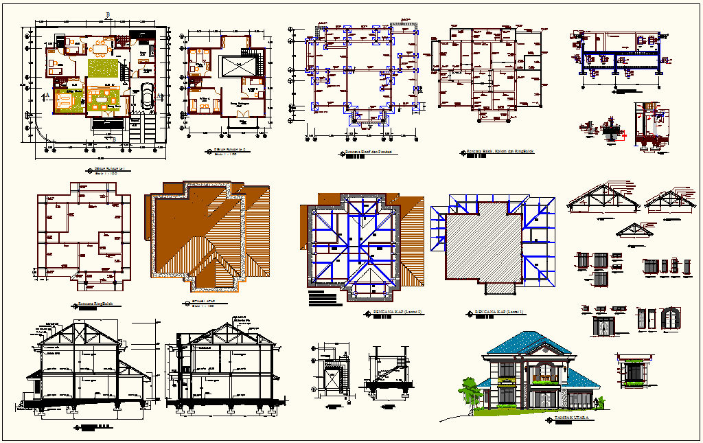 Plan,elevation and section view with column and door and window view of house dwg file