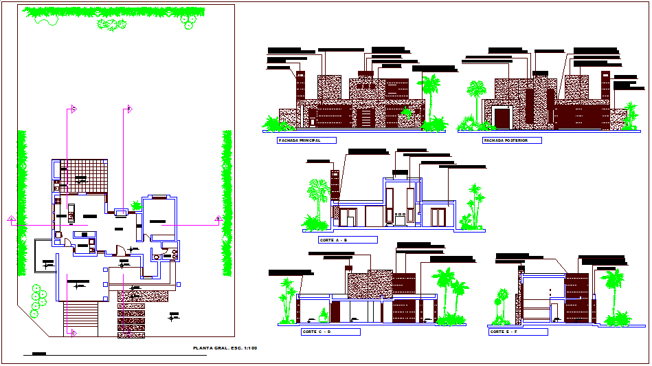 Plan,elevation and sectional view of housing design view dwg file