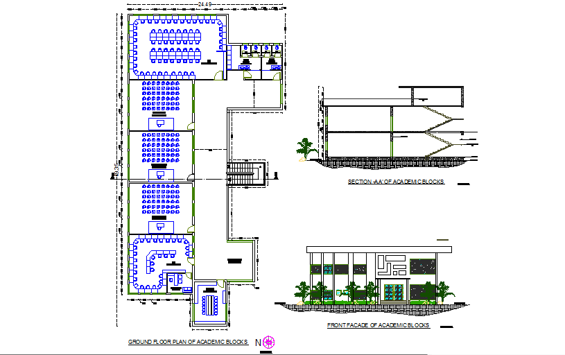 Plan, elevation and section college detail dwg file