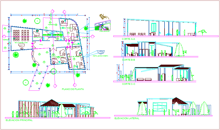 Plan,elevation and section view of admin office dwg file