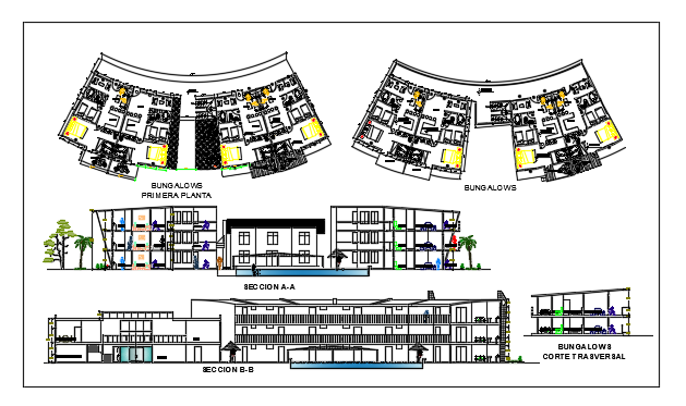 Plan and Exterior elevation of a 3 floored hotel Dwg file