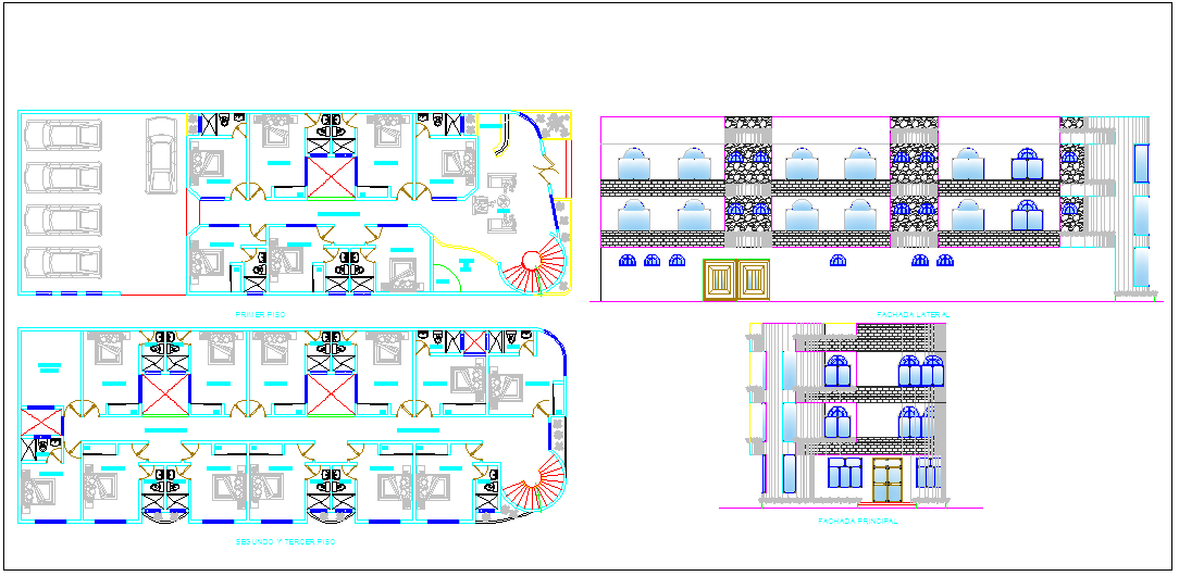 Plan and Elevation Designs of Hotel with Reception, Parking.