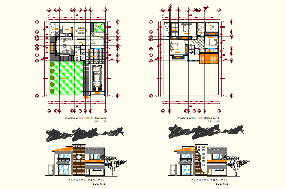 Plan and elevation design view of house dwg file