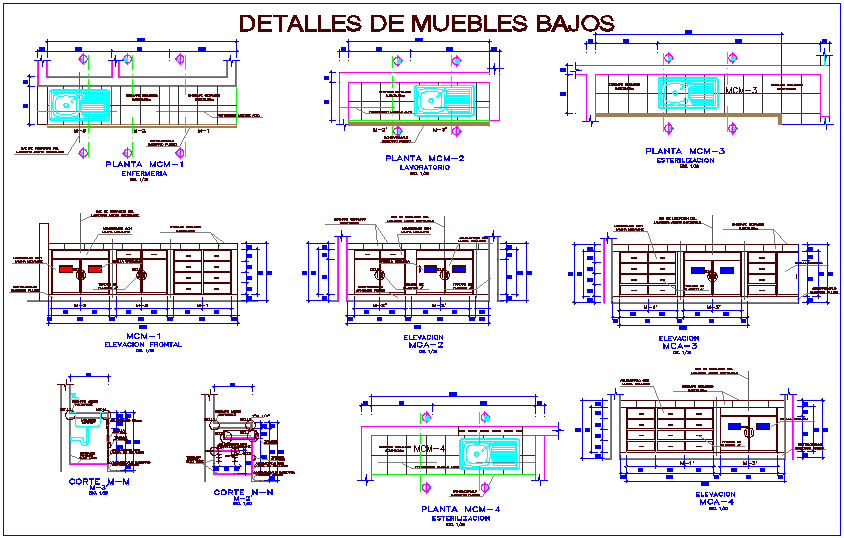 Plan and elevation for low furniture view for clinic dwg file