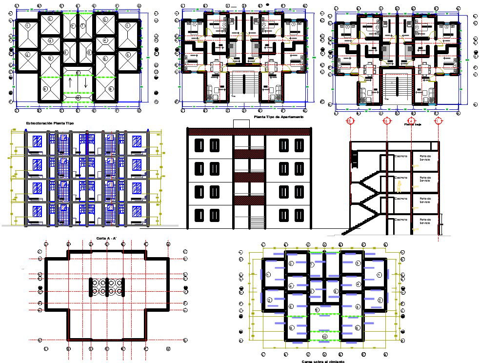 Plan and elevation of apartment building dwg file