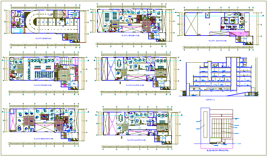Plan and elevation of bank with its residential view dwg file