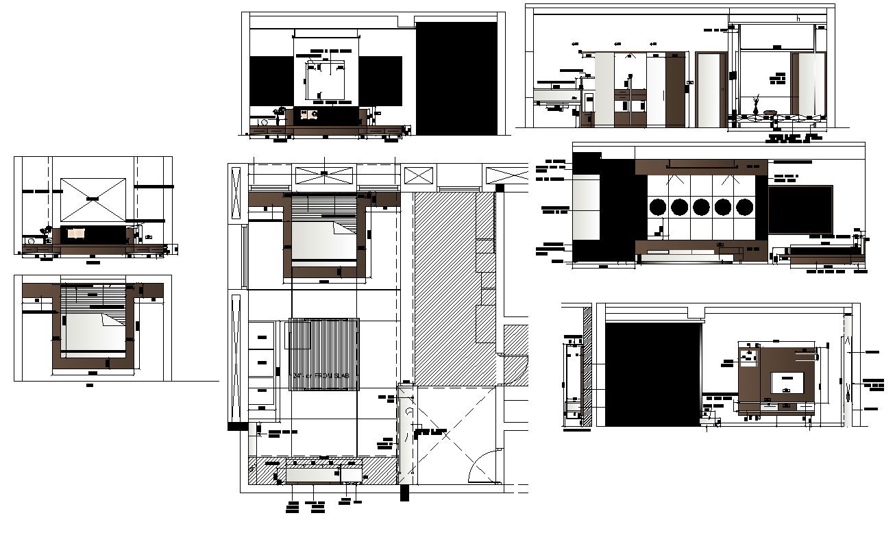 Plan and elevation of bedroom interior 2d view cad block layout file in autocad format