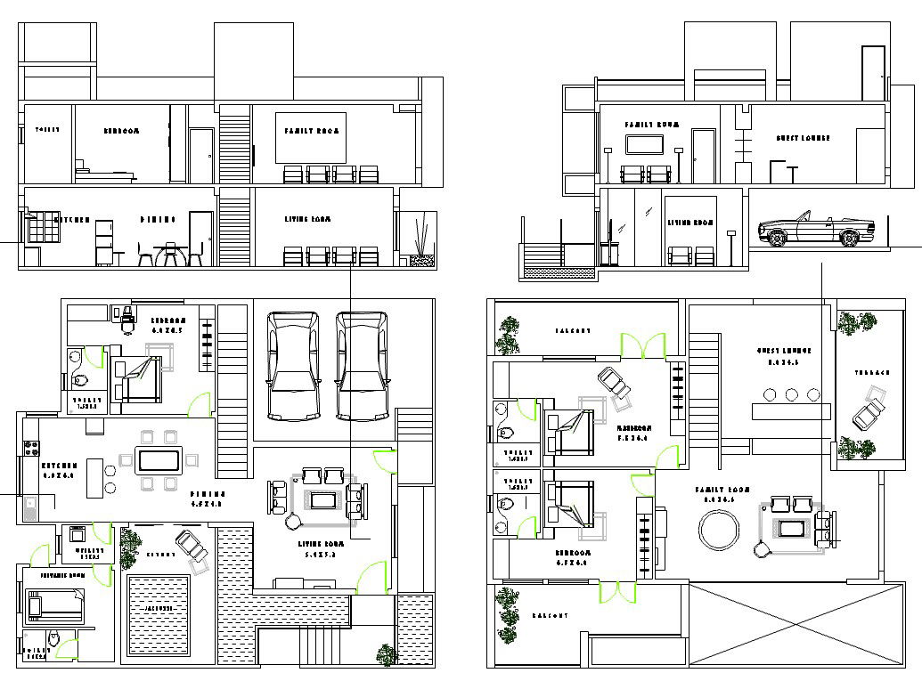Plan and elevation of bungalows dwg file