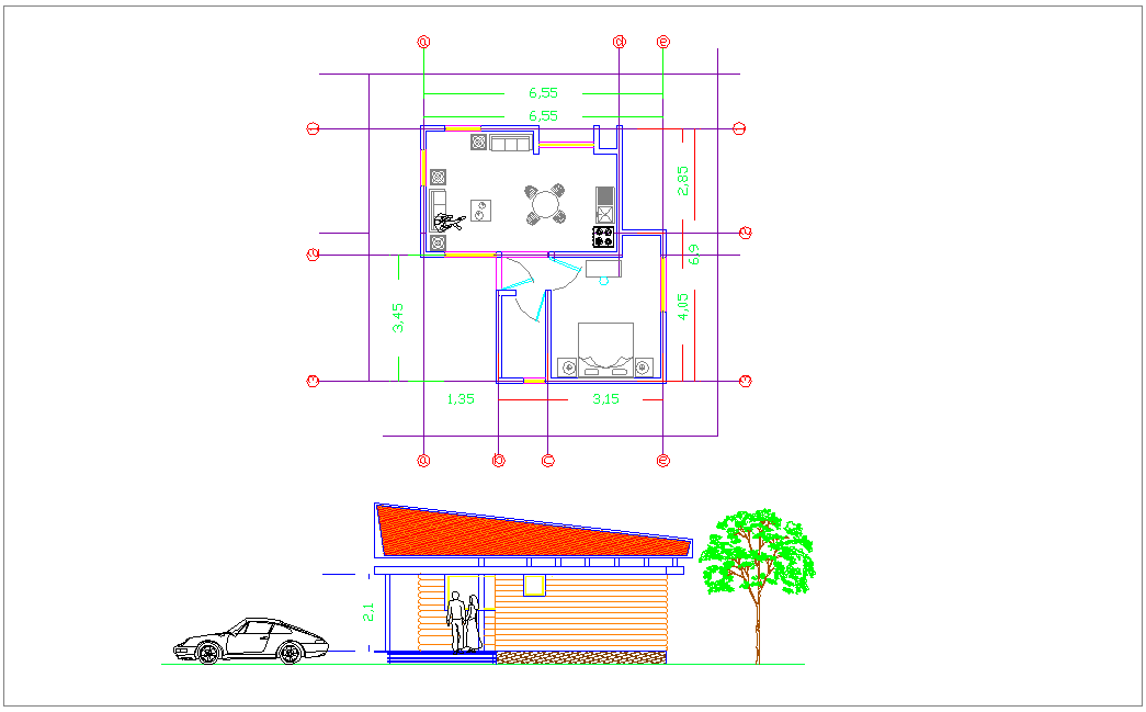 Plan and elevation of cabin house architectural view dwg file