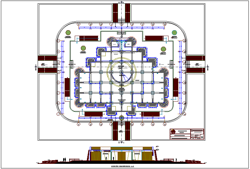 Plan and elevation of museum dwg file