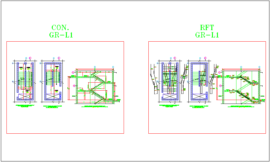 Plan and elevation of stair construction dwg file