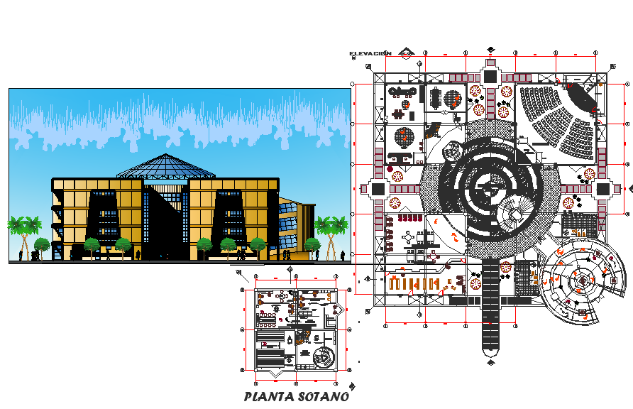 Plan and elevation of university library dwg file