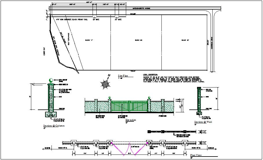 Plan and elevation of wall railing and gate view dwg file