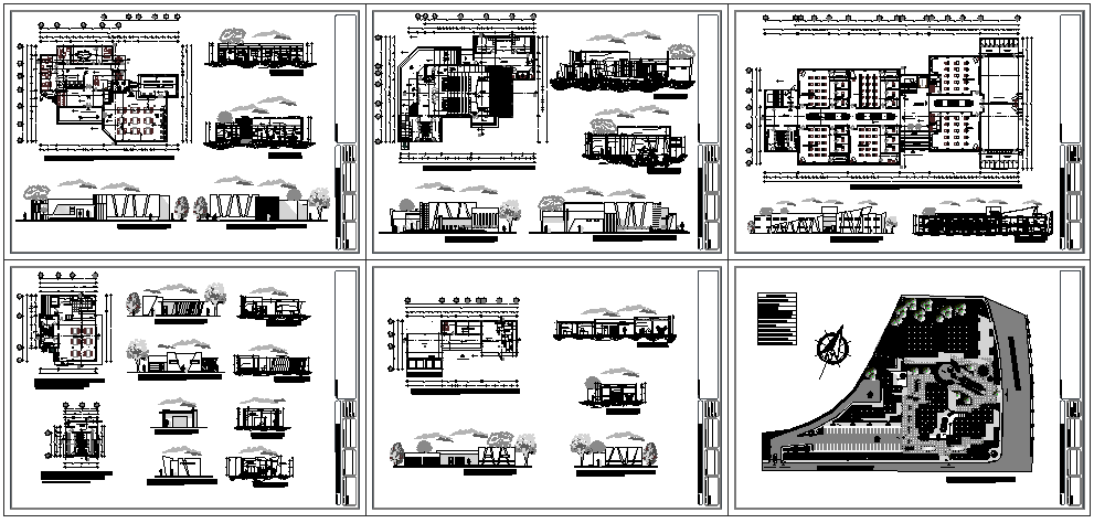 Plan and elevation view of arts school with landscape view dwg file