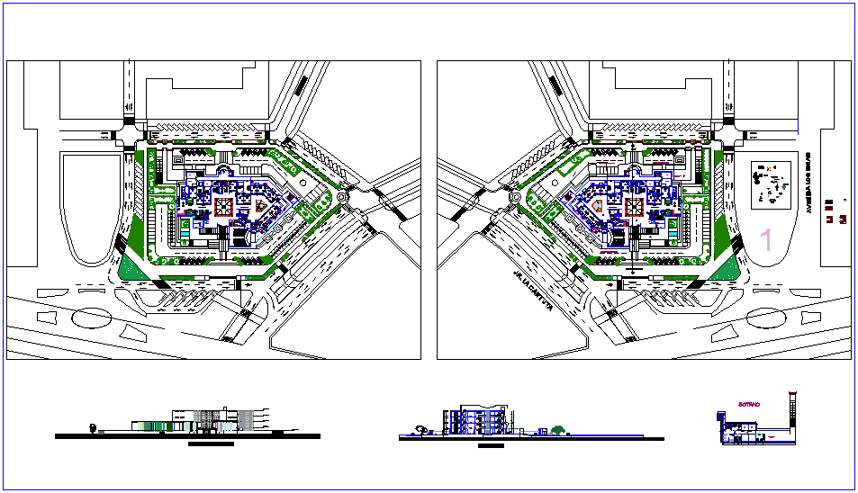 Plan and elevation view of education center dwg file