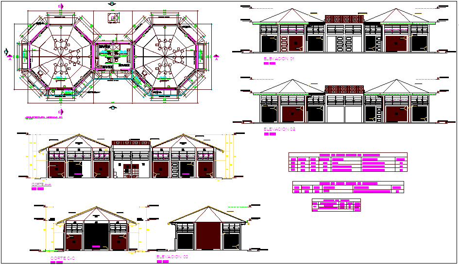 Plan and elevation view of education center with sectional view dwg file
