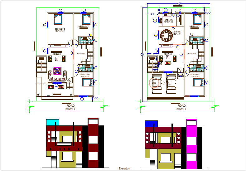 Plan and elevation view of house design view dwg file