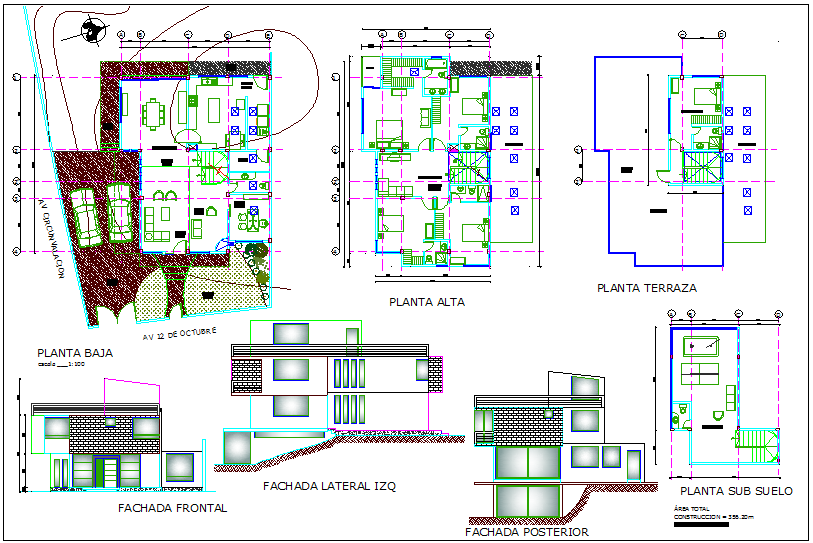 Plan and elevation view of house with terrace plan dwg file