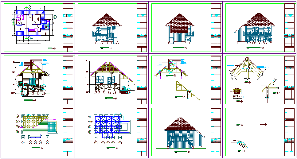 Plan and elevation view of wooden house with wooden struts detail view dwg file