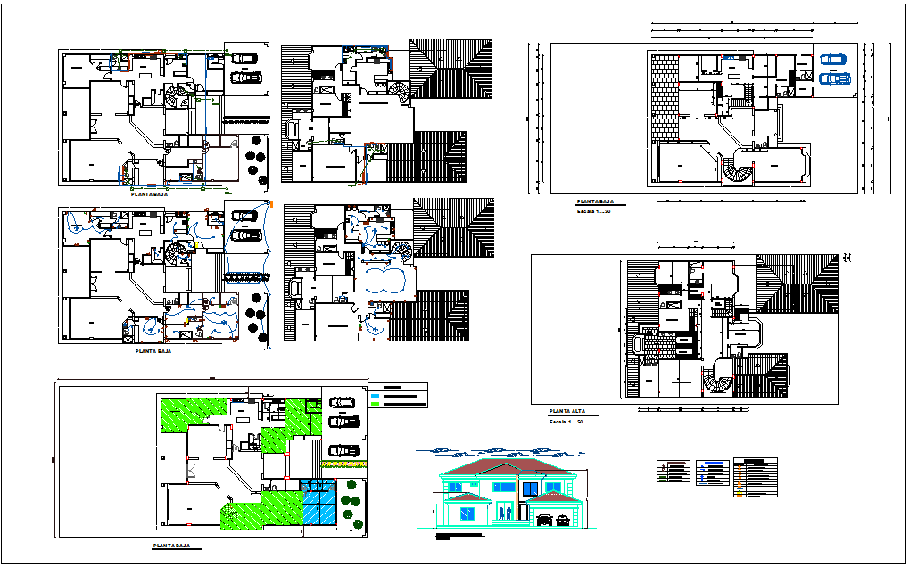Plan and elevation view with electrical and floor pattern view for house dwg file