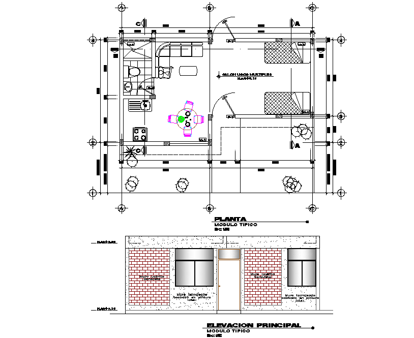 Plan and section basic module of individual housing detail dwg file