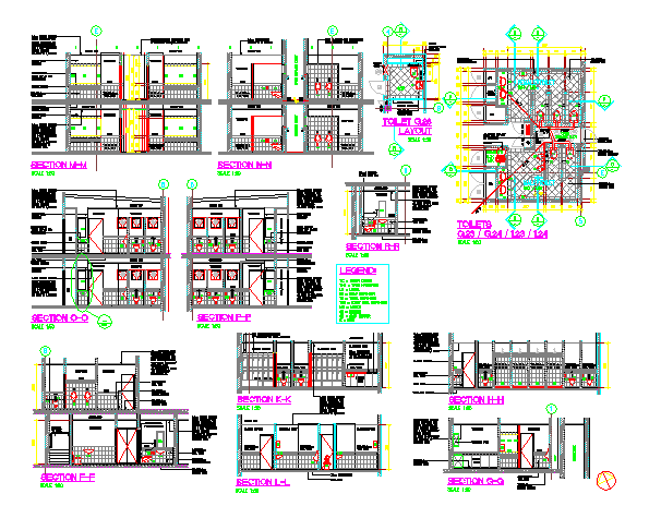 Plan and section design drawing of Public Bathroom Construction design drawing