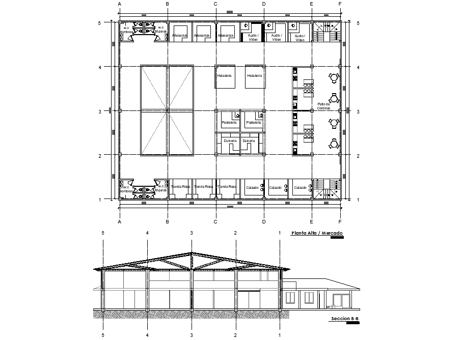 Plan and section food market plan autocad file