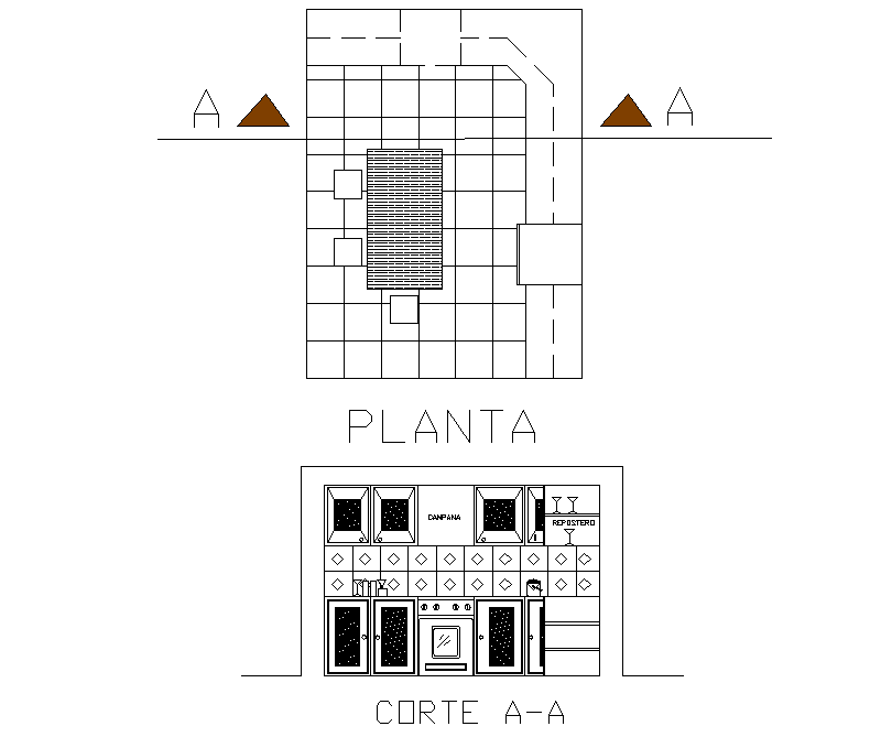 Plan and section kitchen detail dwg file