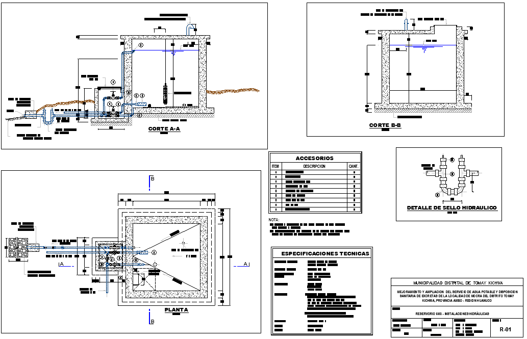 Plan and section map reservoir 5m3 autocad file