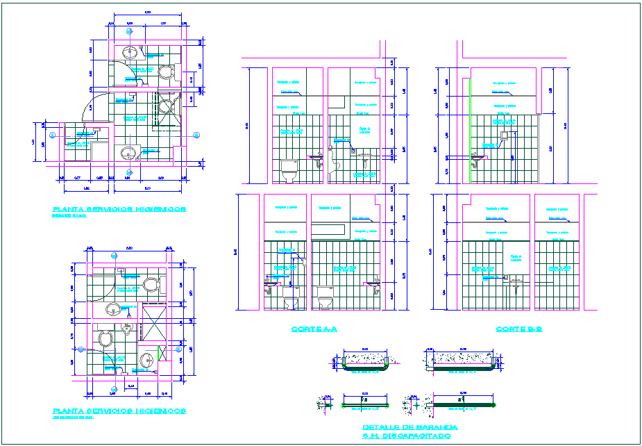 Plan and section view of hygienic service area for banking agency dwg file