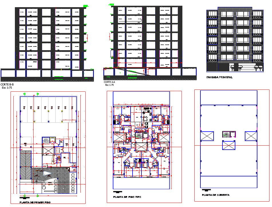 Plan and section view of multi family building dwg file