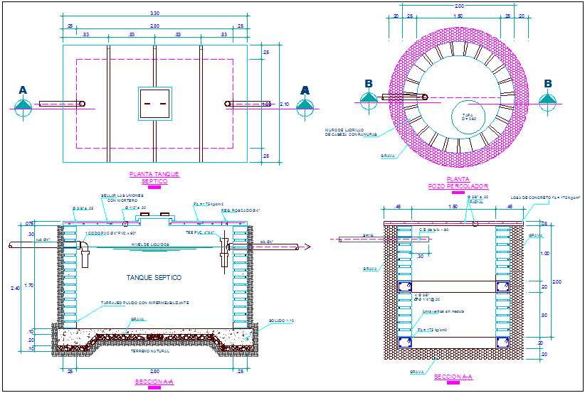 Plan and section view of school with tank and piping view dwg file