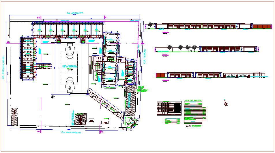 Plan and sectional view of school with door and window detail dwg file