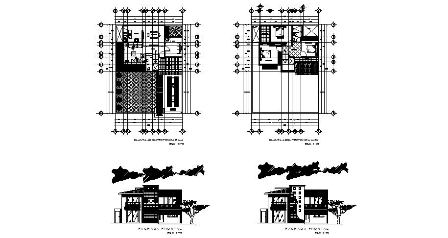 Plan of 2 storey house 12.30mtr x 16.20mtr with section and elevation in dwg file