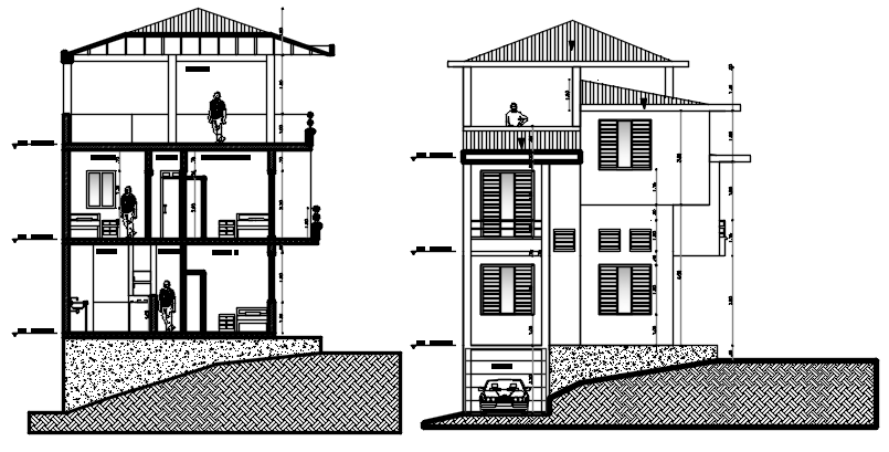 Plan of 2 storey house with elevation and section in dwg file