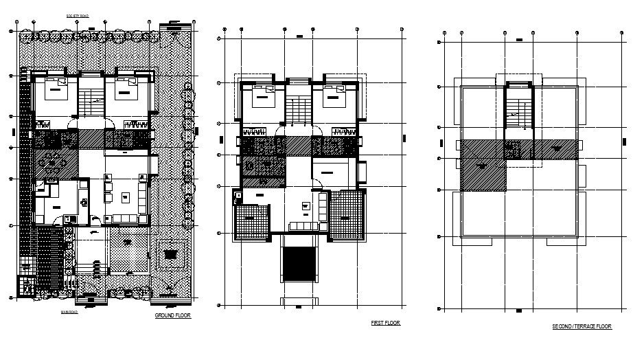 Plan of 3 storey house with section and elevation in autocad