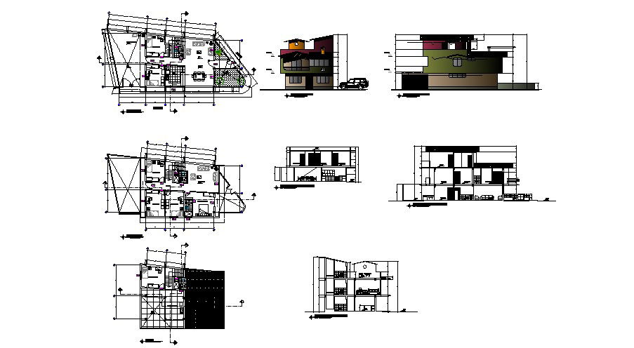 Plan of 3 storey house with section and elevation in dwg file