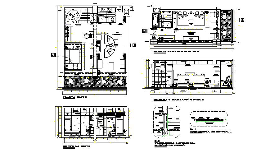 Plan of Fivestar hotel room8.65mtr x 11.29mtr with furniture details in dwg file
