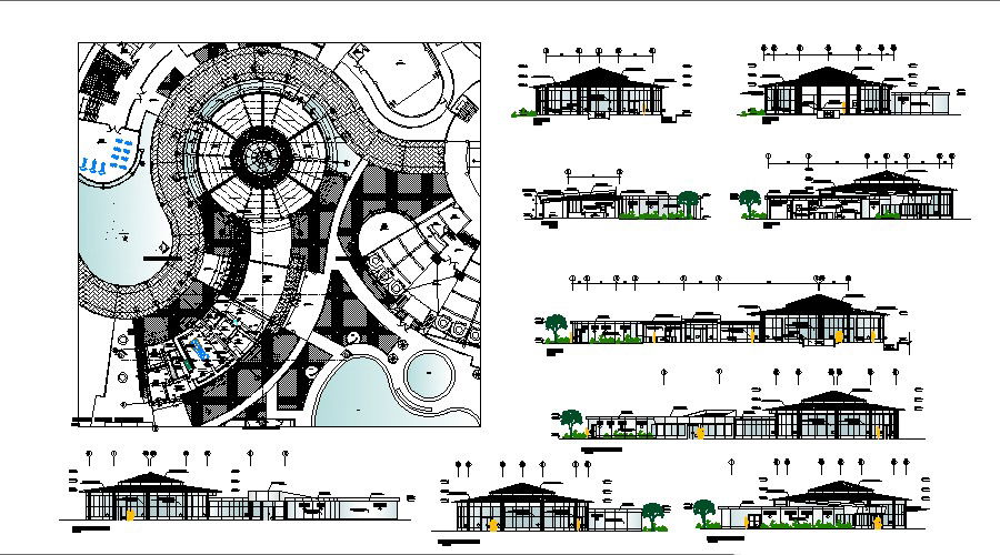 Plan of Restaurant with different section and elevation in dwg file