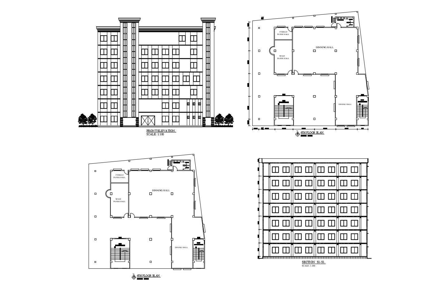 Plan of a factory building with section and elevation in dwg file