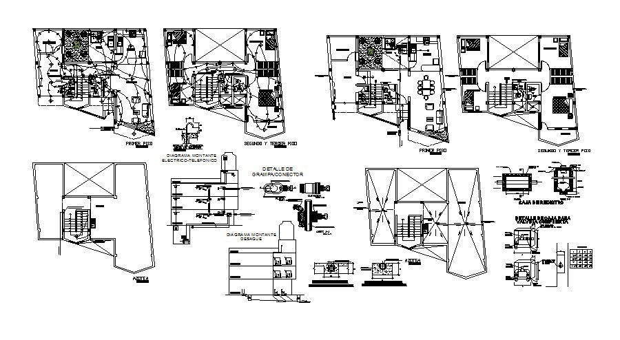 Plan of a residential building with section and elevation in dwg file