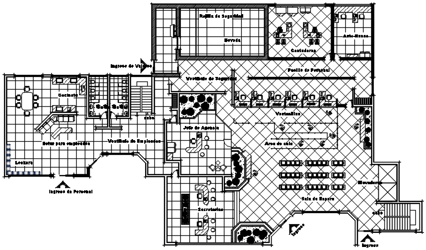 Plan of bank building with detail dimension in dwg file