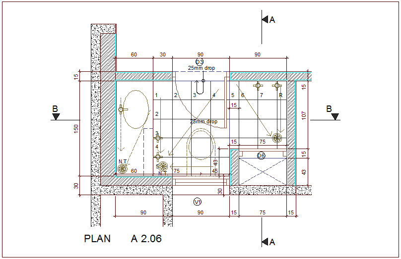 Plan of bathroom with architectural view dwg file